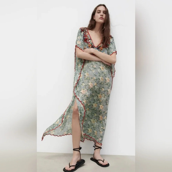 Zara Embroidered Semi Sheer Floral Tunic Dress V-neck Size Small Spring Summer - Picture 1 of 13